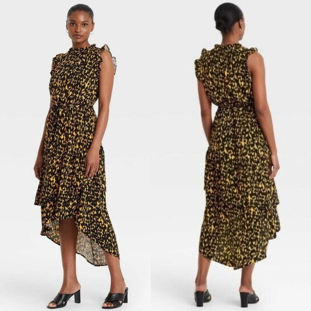 Who What Wear Black and Yellow Printed Midi Dress